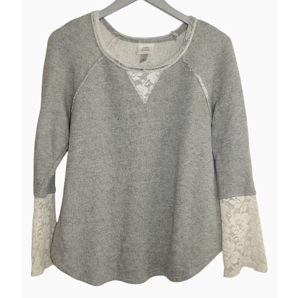 Knox Rose Gray Terry Sweatshirt Cream Lace Bell Sleeves M